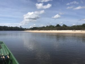 A view from the boat of a sandbar in the Agua Boa river, Brazil.